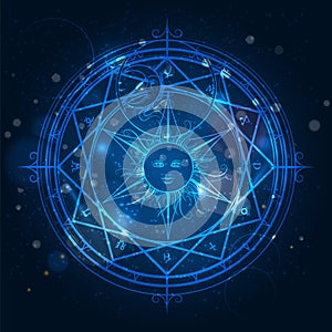 Alchemy magic circle on blue background