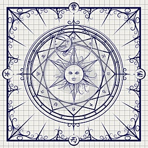 Alchemy magic circle on notebook background