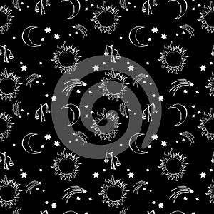 Alchemy mystic pattern with moon and sun and stars. cosmic sky. perfect for textile, wrapping paper
