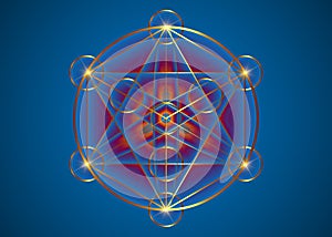 Alchemy occult Mandala, Metatrons Cube, Flower of Life. Gold Sacred geometry, graphic element magic hexagram. Vector Mystic logo photo