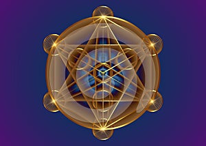 Alchemy occult Mandala Metatrons Cube Flower of Life. Gold Sacred geometry graphic element magic hexagram. Vector Mystic sign photo