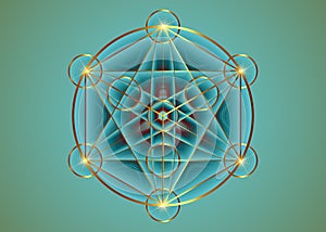 Alchemy occult Mandala, Metatrons Cube, Flower of Life. Gold Sacred geometry, graphic element magic hexagram. Vector Mystic sign