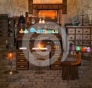 Alchemy room with vials and wizard desk