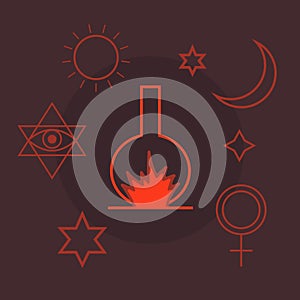 Alchemy, spirituality, occultism, chemistry, magic symbols in flat style