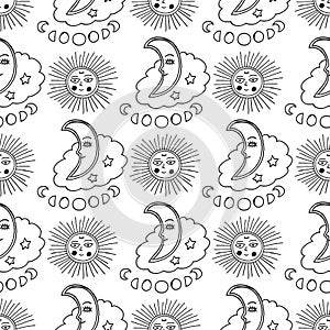 Alchemy sun and moon phases seamless pattern. Doodle line art background design. Hand drawn cute artwork