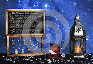 Alchemy table of symbols and metaphysical items photo