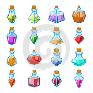 Alchemy witch magic beverage elixir potion poison antidote glass bottle icons set isolated cartoon game design vector