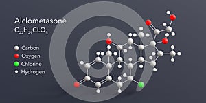 alclometasone molecule 3d rendering, flat molecular structure with chemical formula and atoms color coding