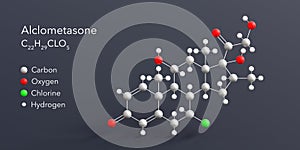 alclometasone molecule 3d rendering, flat molecular structure with chemical formula and atoms color coding photo