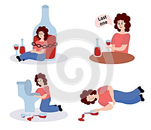 Alcohol abuse and addiction concept. Set of drunk woman with bottles of alcoholic drinks. Addicted drinker