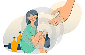 Alcohol abuse depression problem of female. Hand of Help to Woman with alcoholism concept