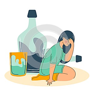 Alcohol abuse and depression problem of female. Woman alcoholism social problem.