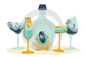 Alcohol abuse and depression problem of female. Woman alcoholism social problem.