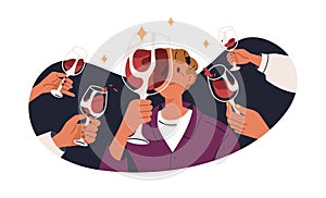 Alcohol addicted man at holiday party, booze. Person drinker, drunkard looking at wine drink in wineglasses with passion