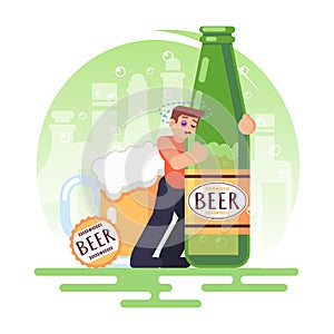 Alcohol addicted people man with a bottle of beer. Alcoholism. Vector colorful illustration in flat style image