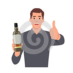 Alcohol addicted, spirit drinks, drinking lone concept. Young smiling man cartoon character standing holding bottle of wine,