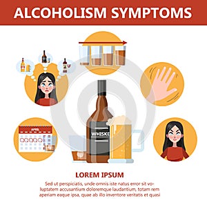 Alcohol addiction symptoms. Danger from alcoholism infographic