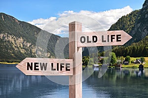 Alcohol addiction: what to choose - life with old bad habits or new good ones? Wooden signpost with different directions against