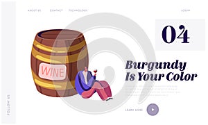 Alcohol Addiction, Wine Degustation Website Landing Page. Young Drunk Man Sitting near Huge Wooden Barrel with Wineglass photo