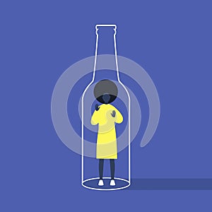 Alcohol and addiction, Young black female character trapped inside a bottle, health problems