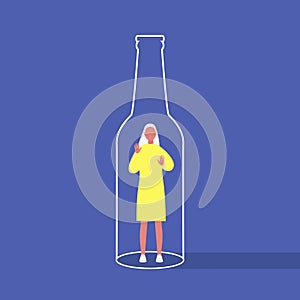 Alcohol and addiction, Young female character trapped inside a bottle, health problems