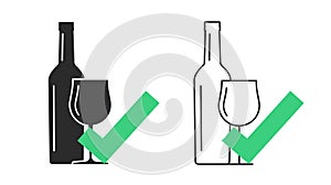 Alcohol allowed area sign icon vector, beverage verified checkmark on wine bottle drink as approved certified taste graphic