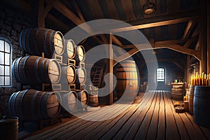 Alcohol barrel room interior. Generative AI