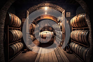 Alcohol barrel room interior. Generative AI