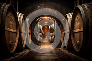 Alcohol barrel room interior, wine or whiskey , Generative AI