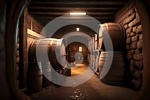 Alcohol barrel room interior, wine or whiskey , Generative AI