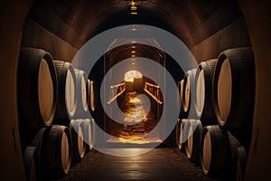 Alcohol barrel room interior, wine or whiskey , Generative AI