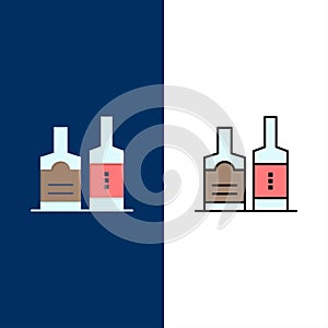 Alcohol, Beverage, Bottle, Bottles  Icons. Flat and Line Filled Icon Set Vector Blue Background