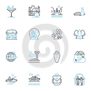 Alcohol beverage linear icons set. Booze, Spirit, Brew, Wine, Liquor, Cocktail, Beer line vector and concept signs