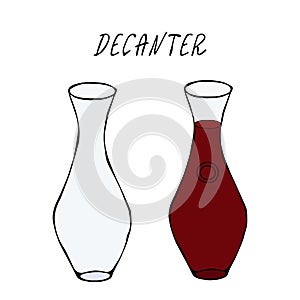 Alcohol Beverage Red Wine in a Decanter. Bar Collection. Realistic Hand Drawn High Quality Vector Illustration. Doodle Style.