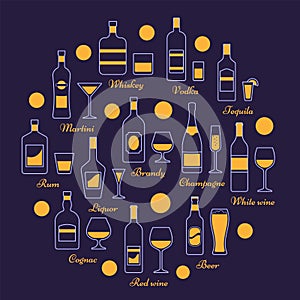 Alcohol beverages set in line art. Vector illustration. Flat design