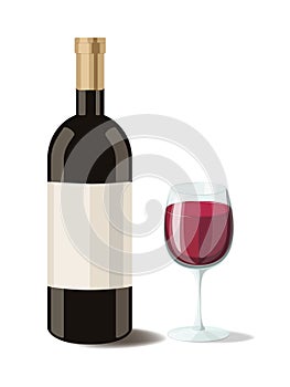 Alcohol. Bottle of red wine with a glass of wine. Vector illustration