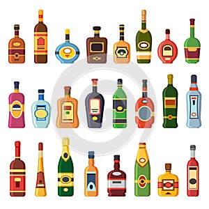 Alcohol bottles. Alcoholic liquor drink bottle with vodka, cognac and liqueur. Whisky, rum or brandy liquors isolated flat icons