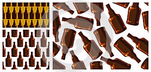 Alcohol bottles seamless vector background set, endless wallpaper with whiskey bottles, cognac or gin empty glasses texture