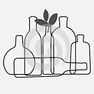Alcohol bottles. Set of black line icons. Different types of alcohol bottles