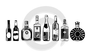 Alcohol bottles set. vector design elements illustration on white