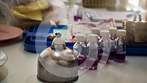 Alcohol burner and  test tube in rack,science laboratory research and development concept