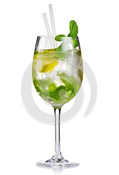 Alcohol cocktail (Hugo) with lime and mint isolated