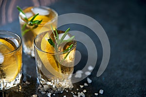 Alcohol cocktail with ice and smoking rosemary on dark table lemon