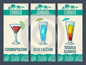 Alcohol cocktail set. Cosmopolitan, blue lagoon and tequila sunrise.
