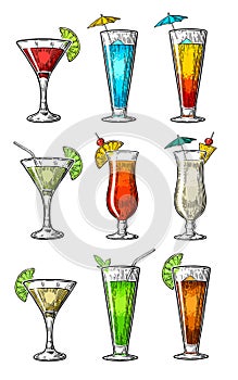 Alcohol cocktail set - margarita, sex on the beach, pina colada, daiquiri, mojito, cuba libre, cosmopolitan, blue lagoon