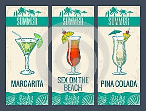 Alcohol cocktail set. Margarita, sex on the beach, pina colada. photo
