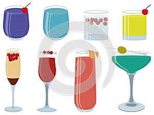 Alcohol cocktails collection in various glasses vector illustration