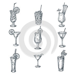Alcohol cocktails sketch vector illustration. Set of isolated hand drawn beverages and drinks. Bar menu design elements