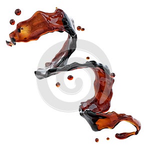 Alcohol, cola, coffee liquid spiral with droplets isolated. 3D illustration