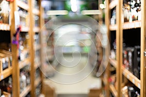 Alcohol Department In Supermaket, Blurred Background Of Wine Shop